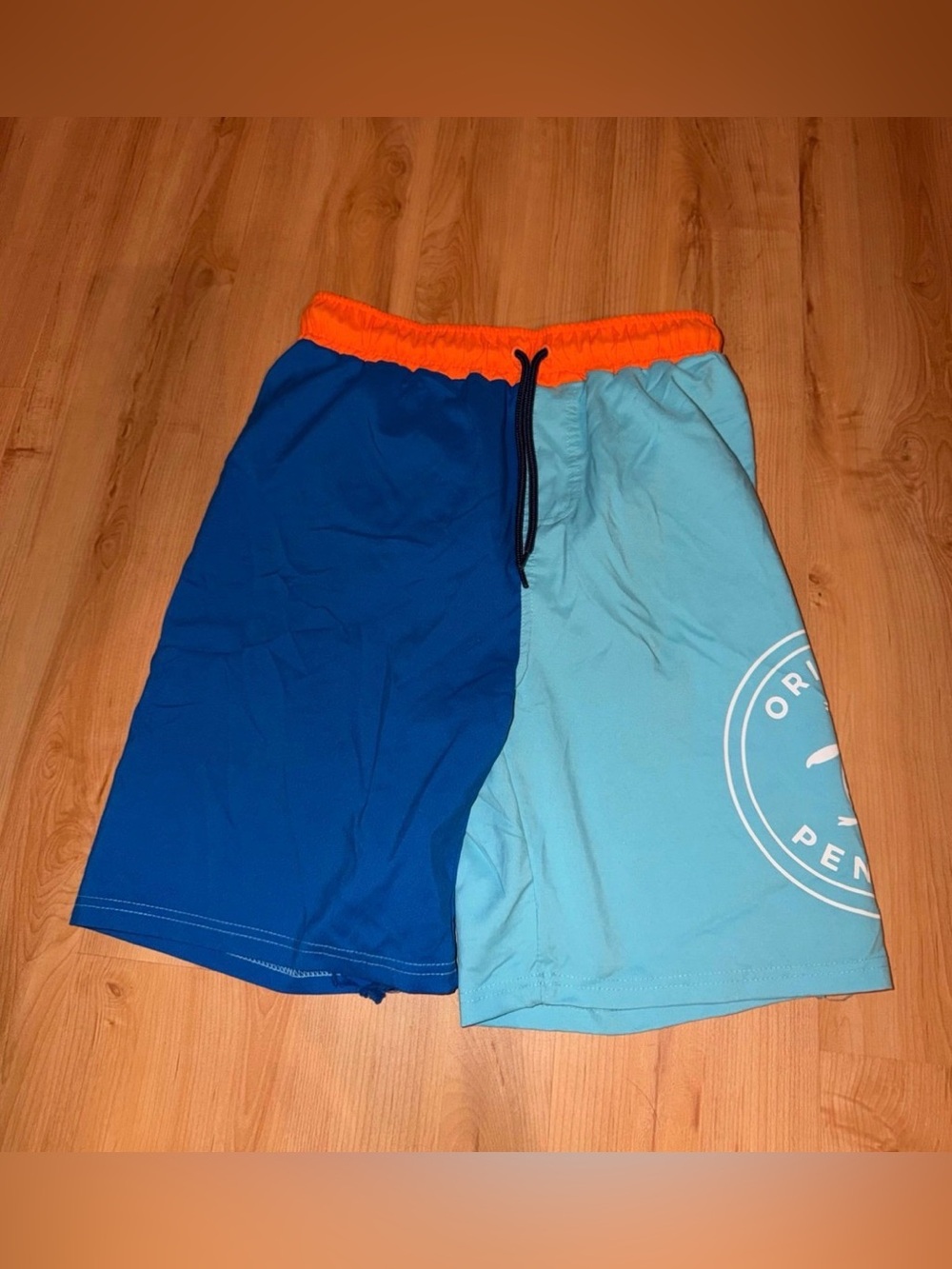 Original Penguin Two-Tone Blue Swim Shorts with Orange Waistband